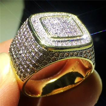 

2018 Male Hiphop ring Yellow Gold Filled 925 silver Pave setting 5A zircon Stone Anniversary Party Band Rings for Men Jewelry