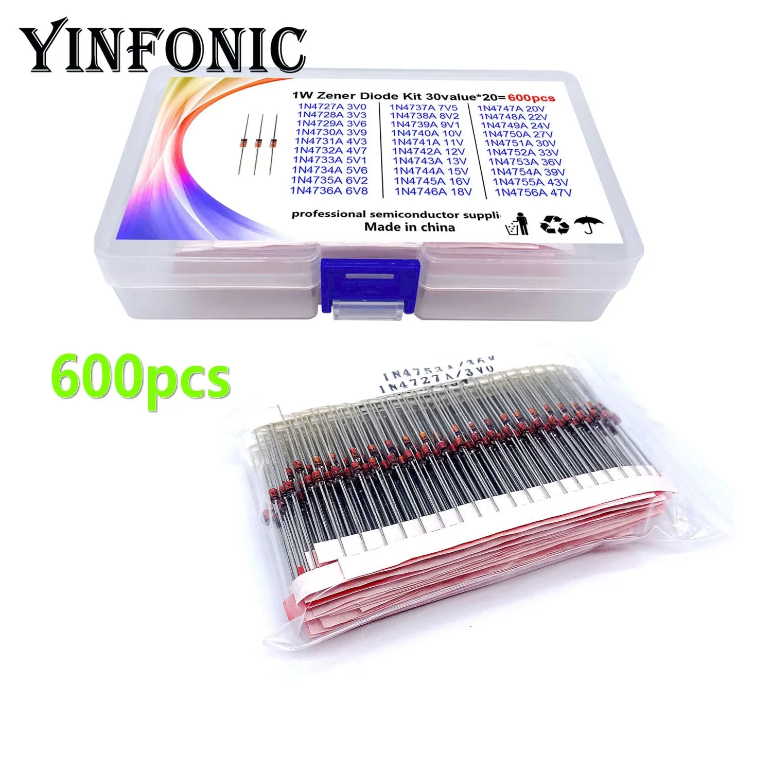 Комплект прозрачных двунаправленных диодов стабилитра 1N4727 (3V0) 4756A (47V) 30 значений