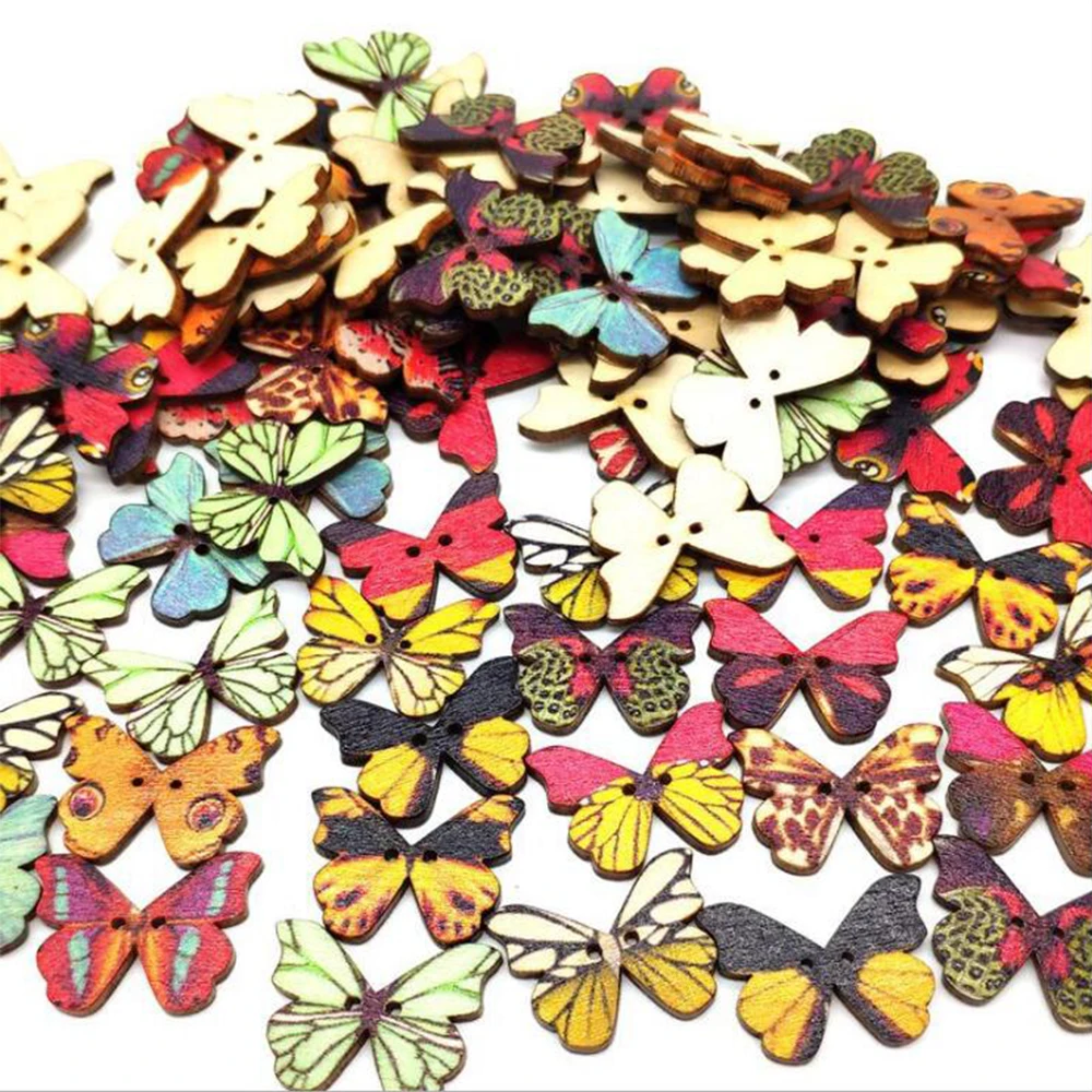 50 шт Случайные микс 28x21 мм деревянные пуговицы для шитья скрапбукинга разноцветные бабочки Смешанные случайные два отверстия узор сделай сам для детей