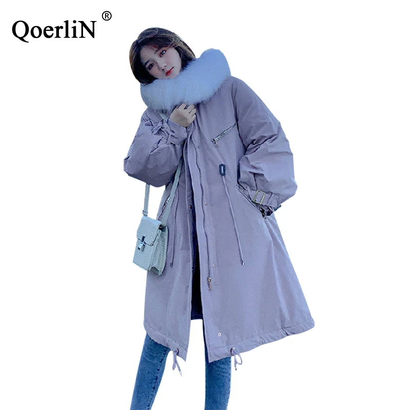 QoerliN, женские парки, большие размеры, меховые толстовки, куртка, пальто, женское длинное пальто, женская одежда, зимние пальто, большие размеры, верхняя одежда, пальто для леди - Цвет: pink