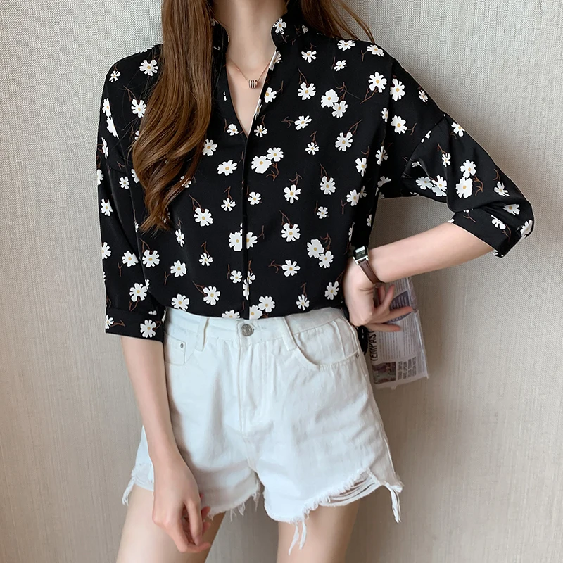 Print Floral White Black Shirts Women Elegant Casual Office Lady Chiffon Large Size Mujer De Moda 2020 Summer Blouses Female