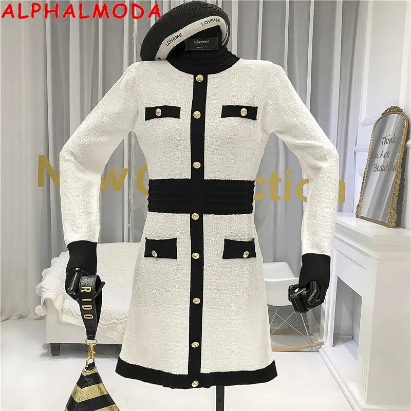 ALPHALMODA зимнее короткое модное платье контрастного цвета с золотыми пуговицами женское винтажное трикотажное тонкое мини-платье с длинным рукавом