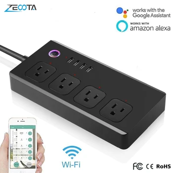

WiFi Power Strip,Surge Protector Smart 4 Outlet Plug Voice Controlled by Amazon Echo Dot,Wireless Remote Control,4 USB Ports