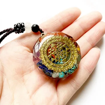 

Natural Crystal Crushed Stone 7 Chakra Orgone Energy Pendant Necklace Handmade Necklace OM Symbol gold filled necklace