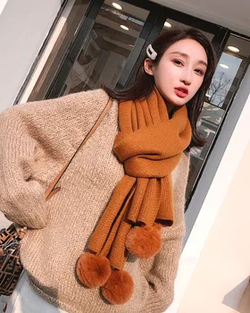 

Winter New Female Knitted wool Scarf Women Scarves Solid Long Shawl With Fur Ball Wrap Blanket Warm Tippet wholesale