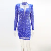 Sexy Blue Crystal Mesh Patchwork Mini Dress WoLong Sleeve Hot Drilling Bodycon Birthdaywear Dress