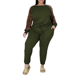 5XL Plus Size Women Sets T Shirt Tops And Pant Suits 2021 Autumn Fashion Leopard Print Casual Large Size Tracksuit Two Piece Set