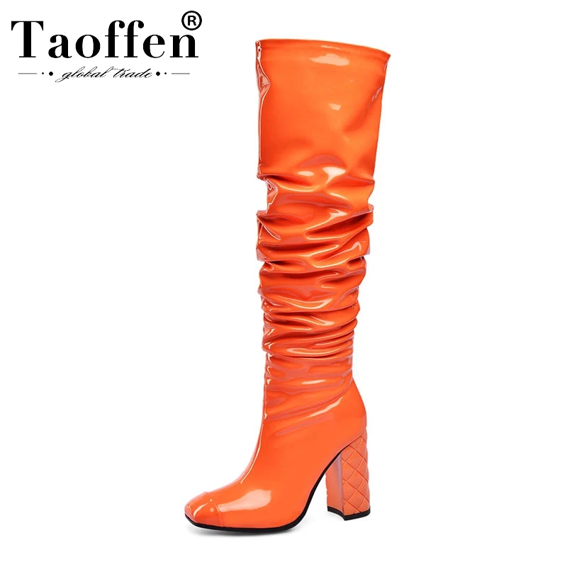 Taoffen/Большие размеры 33-45, зимние пикантные Женские Сапоги выше колена, 8 цветов обувь на высоком каблуке женские простые высокие сапоги без застежки