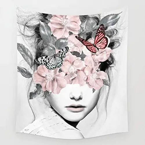 

Young Beautiful Woman with Floral Blindfolded Art Print Tapestry for Home Decor