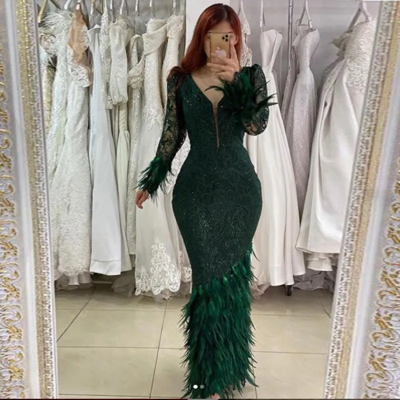 

Dark Green Lace Mermaid Evening Dresses Saudi Arabia Sheer Long Sleeves Feather Prom Gowns Dubai Robe De Soiree Custom Made