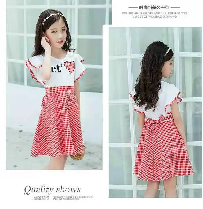 Girls Dress Princess Costume Kids Clothes Girls Dresses Cute Summer Kids Plaid Printing Dress Princess Party Clothes Teen Child Clothing Vestidos 6 8 10 12 13 Year