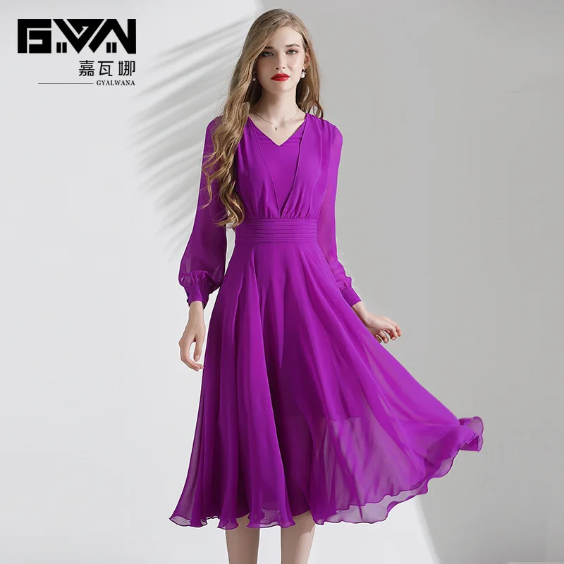 

mid dress fall long-sleeved women Chiffon Dress a-line rose purple V-collar high end office lady dresses women