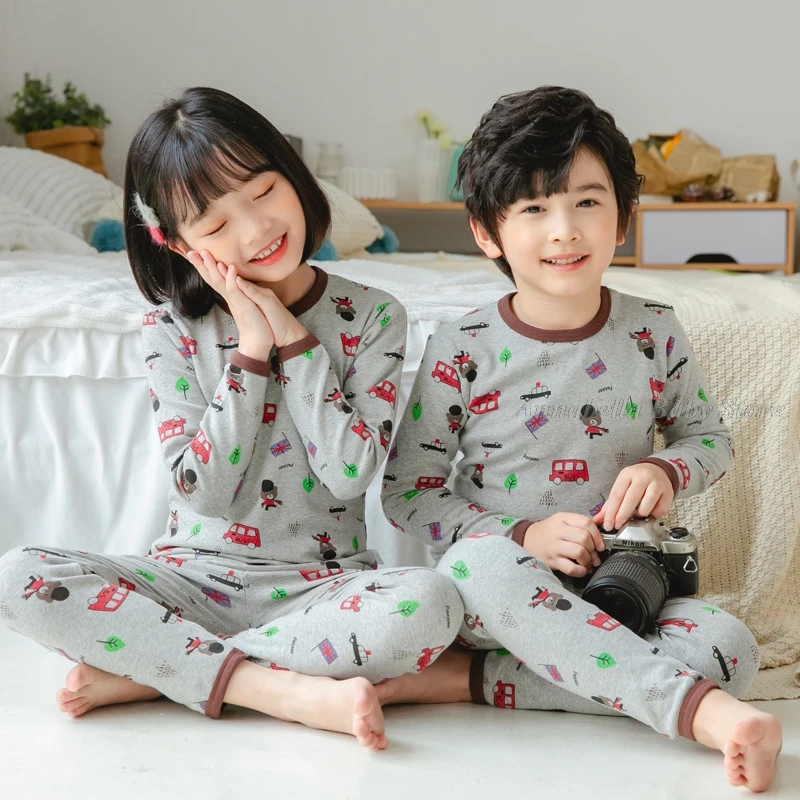 100% Cotton Dinosaur Pajamas for Boys 2-14Y Teen Kids Sleepwear Grey Navy Blue Striped Pijamas Set Winter Child Girls Pyjamas elegant pajama sets Sleepwear & Robes