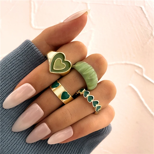 Vintage Golden Heart Rings Set for Women Fashion Pink Green Color Resin Flower Love Heart Ring Wholesale Jewelry 3