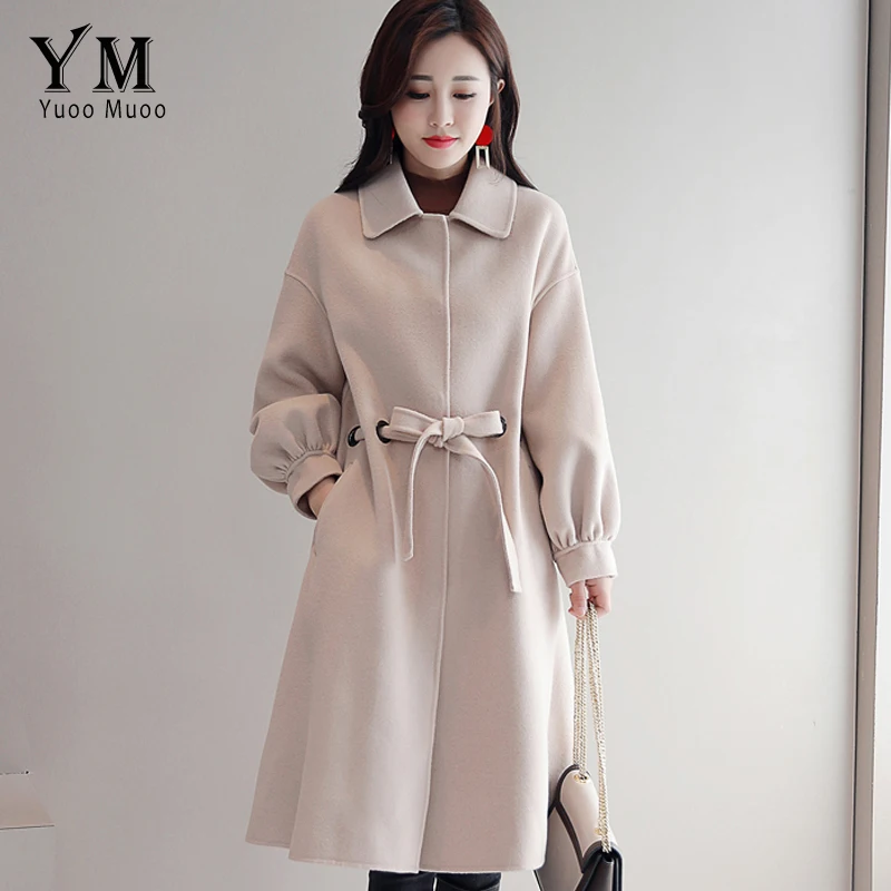 YuooMuoo, хорошее качество, женские пальто, зимнее длинное шерстяное пальто с поясом, элегантное, офисное, модное, Бандажное пальто, женская верхняя одежда