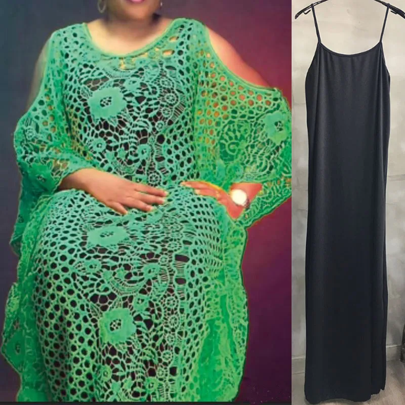 Длинное Африканское платье для женщин размера плюс, Дашики, модная Водорастворимая кружевная Свободная юбка с цветочной вышивкой, халат, Африканское платье - Цвет: Green 2 piece set