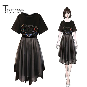 

Trytree Summer Women Two Piece Set Casual O-neck Loose 2 Color Tops + Skirt Mesh Elastic Waist Irregular Fashion 2 Piece Set