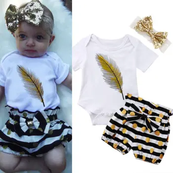 

3PCS Newborn Baby Girl Suits Feather Tops Romper Short Headband Striped Shorts Outfits Set Kids Clothes