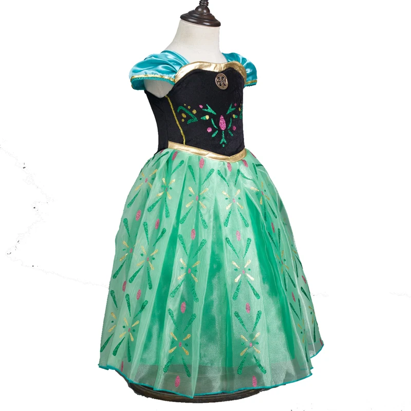 Зеленое платье принцессы Анны для маленьких девочек; вечерние платья Анны с вышитыми открытыми плечами и цветочным рисунком; детская одежда для костюмированной вечеринки; летний нарядный костюм