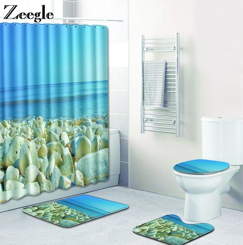 Zeegle 4pcs Bath Mat Set Polyester Soft Bathroom Seat Cover Mat Washable Toilet Pedestal Rug Foot Mat Absorbent Soft Toilet Set