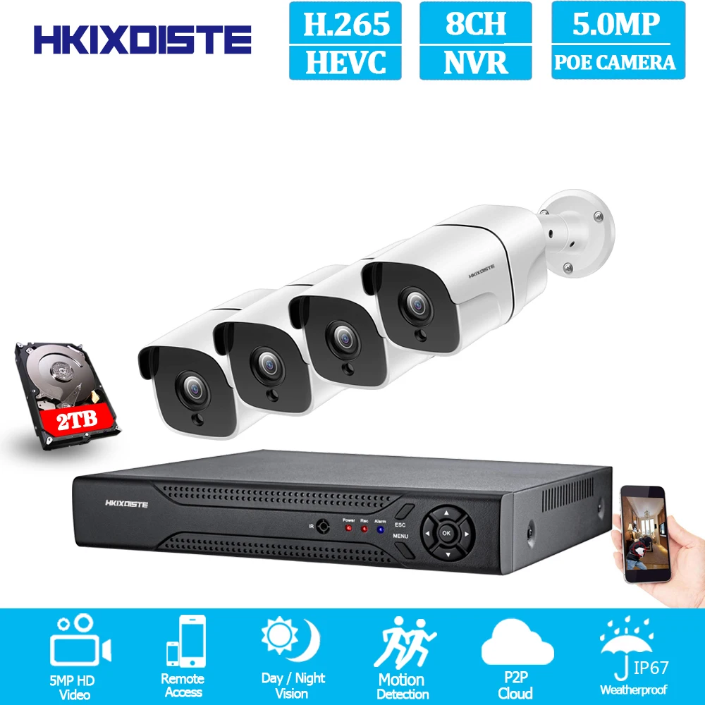 NVR 8CH 5MP CCTV видеонаблюдения H.265+ комплект системы 4 или 8 шт. 5MP POE IP камера водонепроницаемый ночного видения Обнаружение движения оповещения по электронной почте