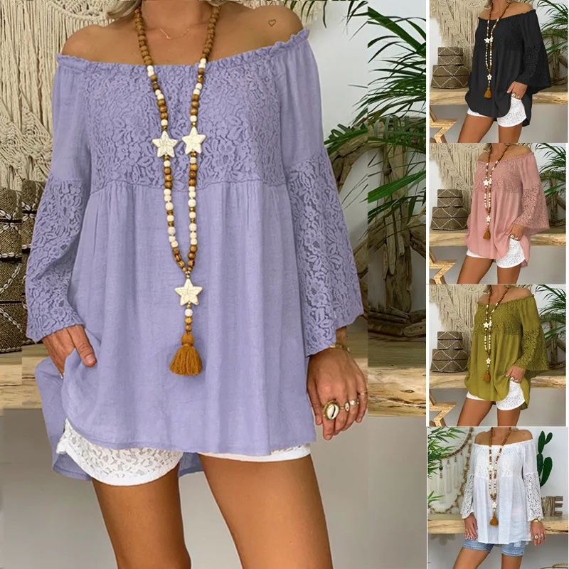 

Large size Casual loose women blouse 2020 spring and summer Women Blouse word collar lotus leaf sleeve lace stitching Tops shirt