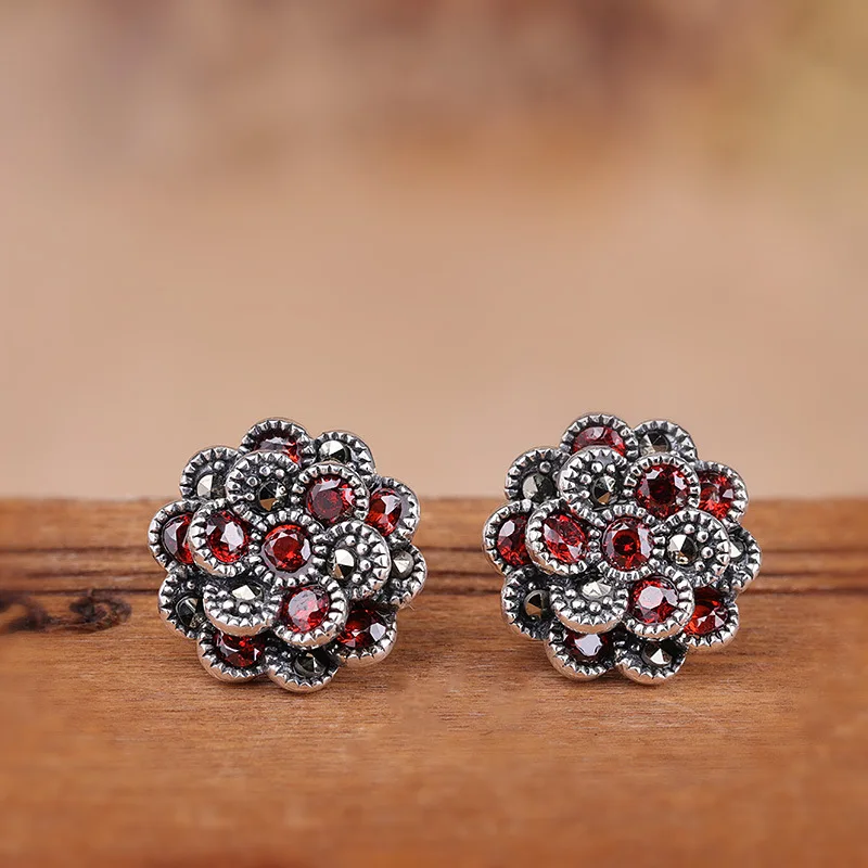 Uglyless Blooming Flower Garnet Earrings for Women Vintage Ethnic Marcasite Stud Earrings Real 925 Silver Brincos Jewelry E1540