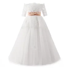 Half Sleeve Princess Ivory Flower Girls Dress with Pink Sash A Line Off the Shoulder Holy First Communion Dresses