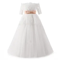 Half Sleeve Princess Ivory Flower Girls Dress with Pink Sash A Line Off the Shoulder Holy First Communion Dresses