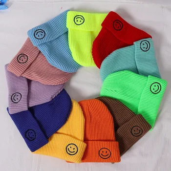 

Baby boy girl warm hat Spring Autumn and winter new cartoon embroidery smiley children's knit hat 1-4 years old baby Korean hats