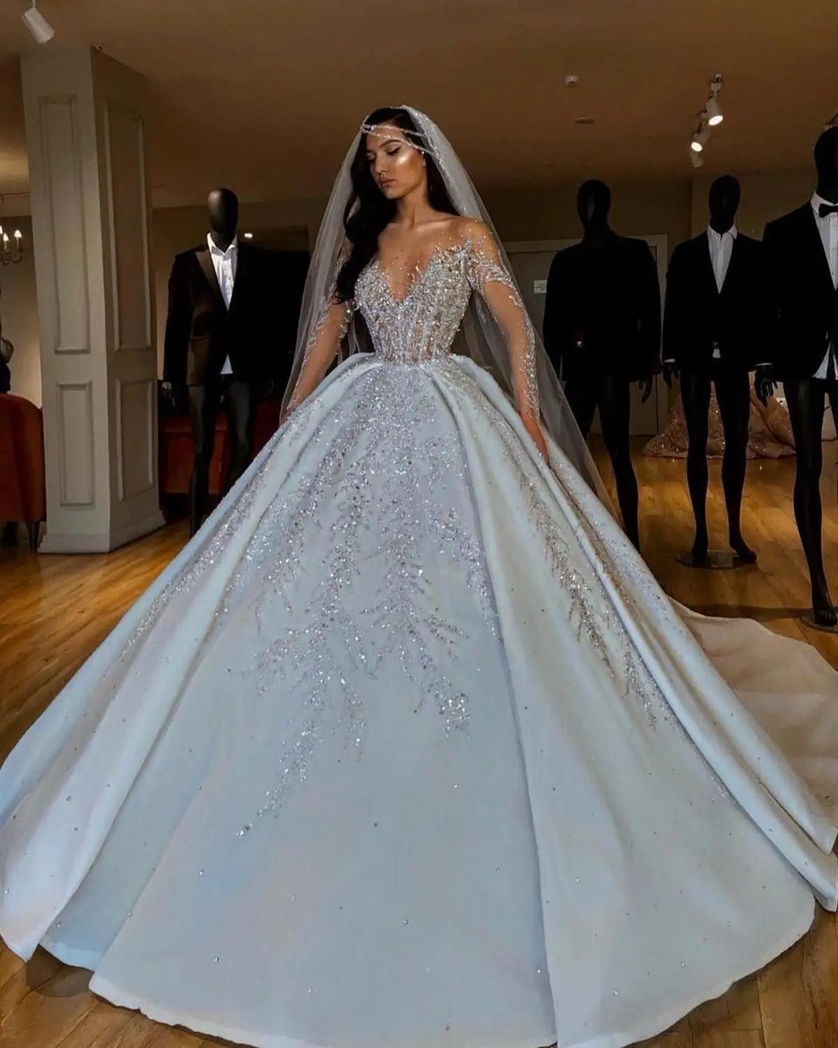 princess wedding dresses with long trains and veils