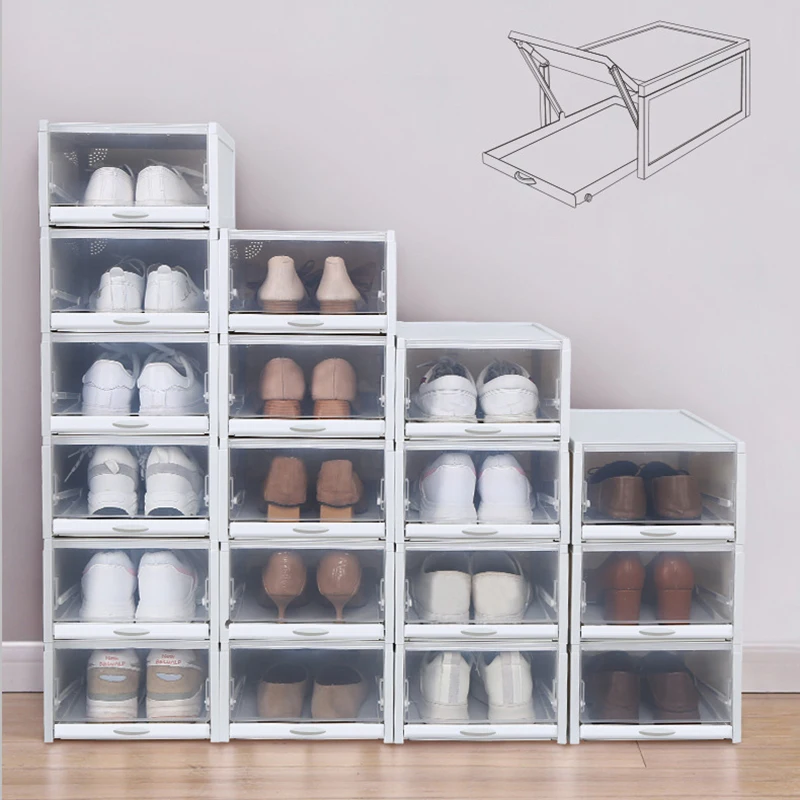 Штабелируемый пластиковый ящик для хранения обуви Потяните тип прозрачный ящик для шкафа коробка для обуви разное отделка флип-бокс Органайзеры для хранения