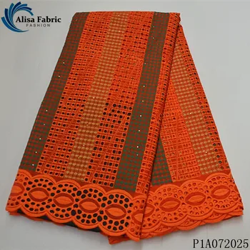 

Alisa orange african dry lace fabric embroidered with stones 2020 high quality 100% cotton fabric swiss voile lace 5 yards/piece