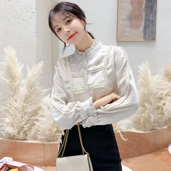 

COIGARSAM Fashion Chiffon blouse women New Spring Peter pan Collar blusas womens tops and blouses Apricot 6907