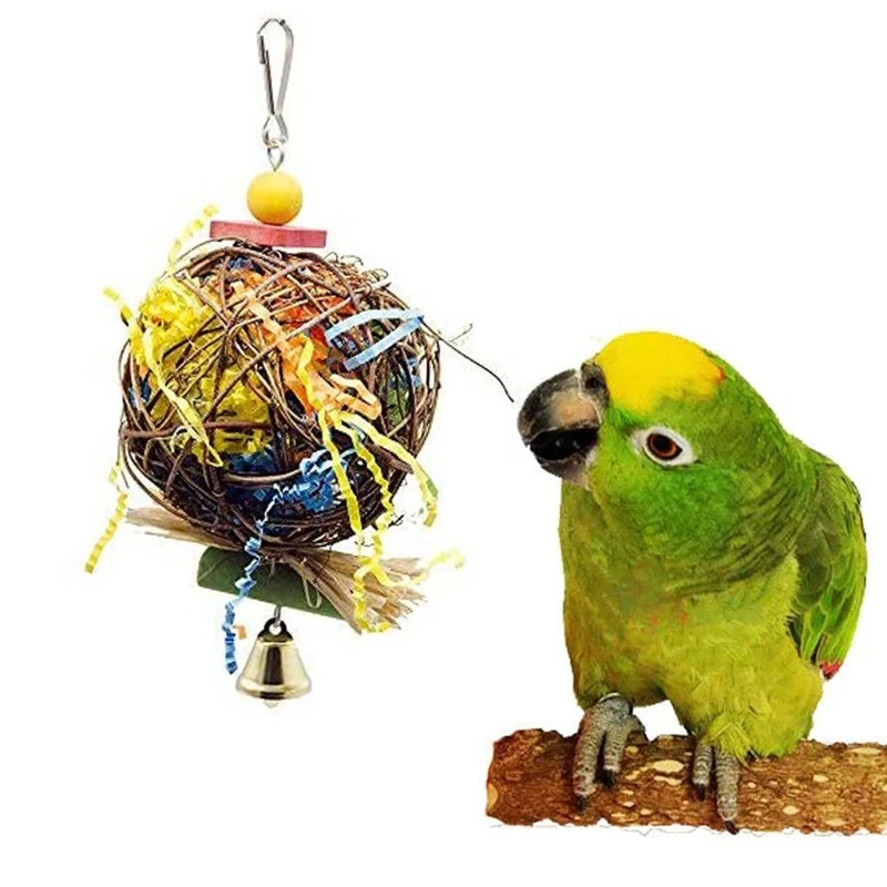 Parrot Shredder Paper Toys Hanging Rattan Ball Bird Bite Chewing Toy with Bells for Budgie Cockatiel Cage Accessories