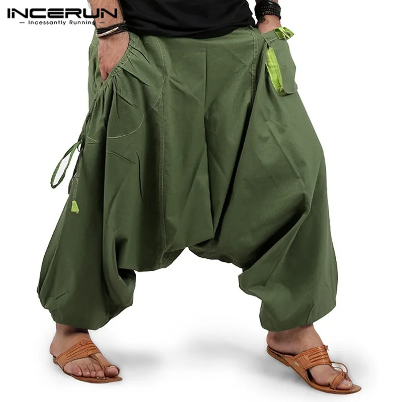 Men Harem Pants Solid Color Joggers Streetwear Elastic Waist Loose Drop Crotch Trousers Men Pockets Fashion Pants INCERUN S-5XL men pants