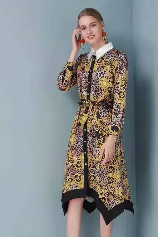 Spring and summer new classic leopard print dress, loose version design, big shots, full of aura, belts, beads