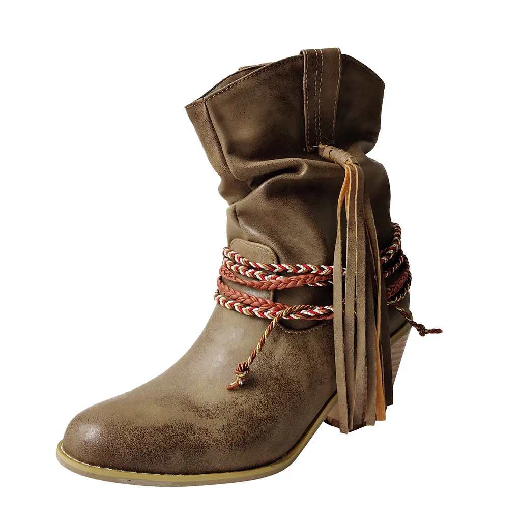 Коричневый Gladiator Women's Rome Motorcycle Boots Winter Wide Calf Leather Short Boot Vintage Female Western High Heel Cowboy Shoes Tassel - Цвет: Коричневый