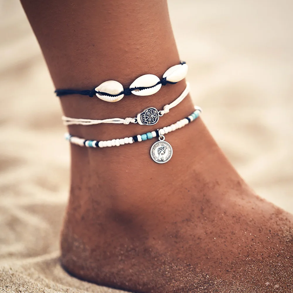 Boho Three Layers Rope Chain Shell Ankel Bracelets Punk Vintage Skull Anklet Foot Accessories Seashell Bracelets for Women Boho Three Layers Rope Chain Shell Ankel Bracelets Punk Vintage Skull Anklet Foot Accessories Seashell Bracelets for Women