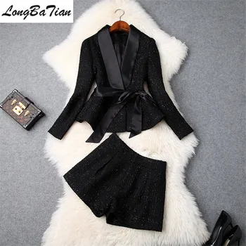 

Winter Spring Full Sleeve Shawl Collar Ruffles Hem Short Pants 2 Piece Women Fashion Tweed Black Patry Pant Set