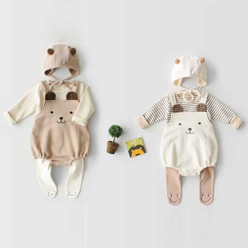 Комбинезоны для маленьких девочек и мальчиков; хлопковый комбинезон на бретелях+ шапочка с милым рисунком медведя; детская одежда; весенне-осенняя одежда без рукавов для малышей