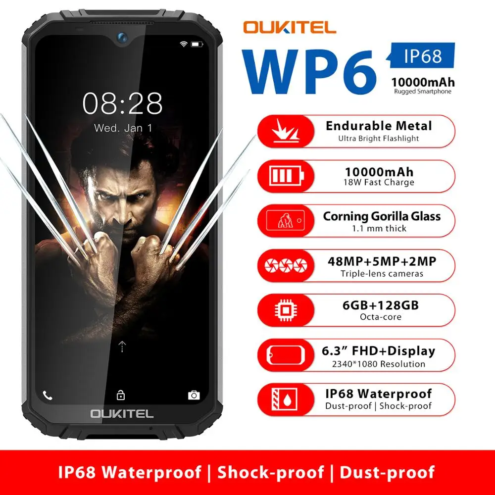 

OUKITEL WP6 6.3" Mobile Phone IP68 Rugged Waterproof Smartphone MT6771T 6GB 128GB Octa Core 48MP Tri-Cameras Cellphone 10000mAh