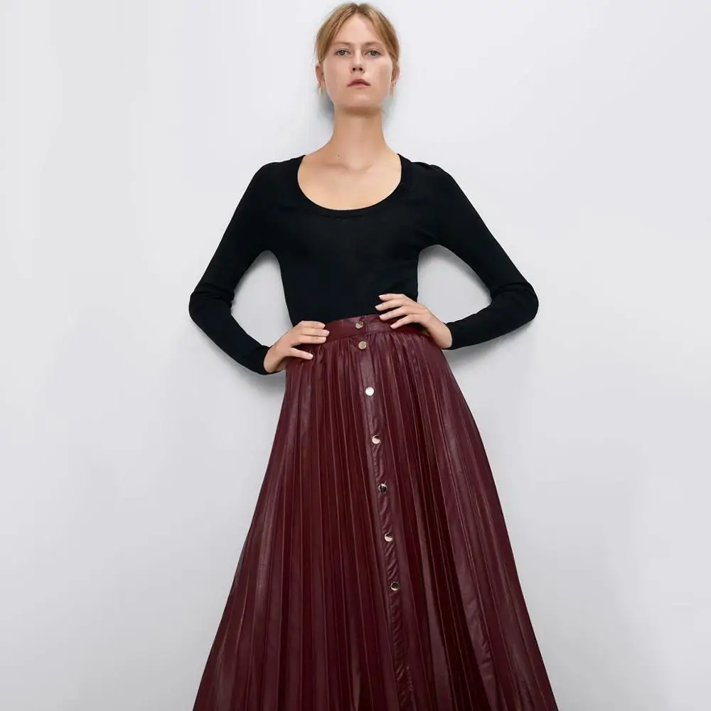 Осенне-зимняя плиссированная юбка женская одежда ZA модная темпераментная длинная юбка из искусственной кожи Однотонная юбка с темной пряжкой Новинка