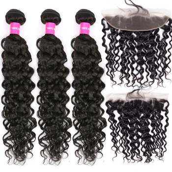 

Water Wave Bundles With Frontal 3 Bundles Malaysian Human Hair Tuneful Remy Hair Pre Plucked Lace Frontal Closure With Bundles