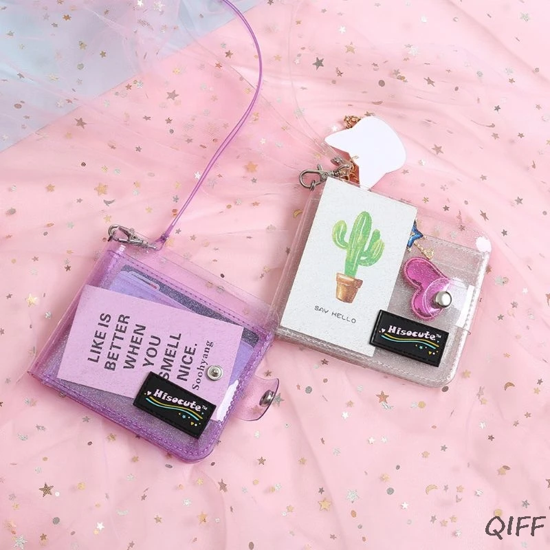 Модный Блестящий короткий кошелек для женщин и девочек, портмоне, прозрачный держатель для карт с ремешком