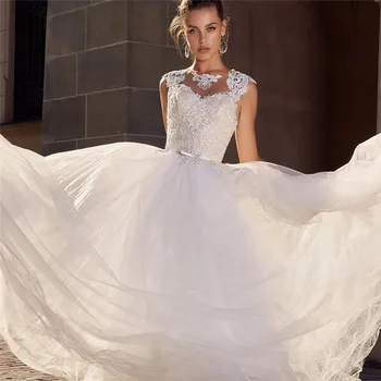 

2021 O-Neck Lace Appliques Wedding Dress Floor Length Lace Up Back Bridal Gowns Princess Long Robe De Mariage Custom Garden