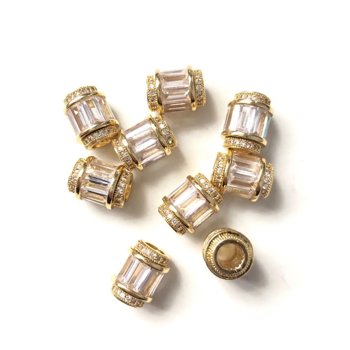 10pcs 12mm Clear Zirconia Paved Hole Spacers Beads for Women Bracelet Girl Necklace Earring Making Gold-Plate Jewelry Wholesale
