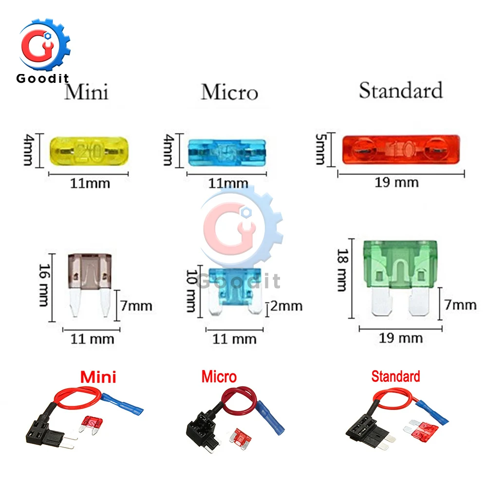 12V Fuse Holder Add-a-circuit TAP Adapter Micro Mini Standard ATM APM Blade Auto Fuse with 10A Blade Car Fuse Holder and Clip