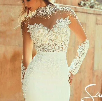 

2018 Exquisite Sheer Back Sheath High-neck Pearls Long Sleeves See Through Floor Length bridal gown mother of the bride dresses