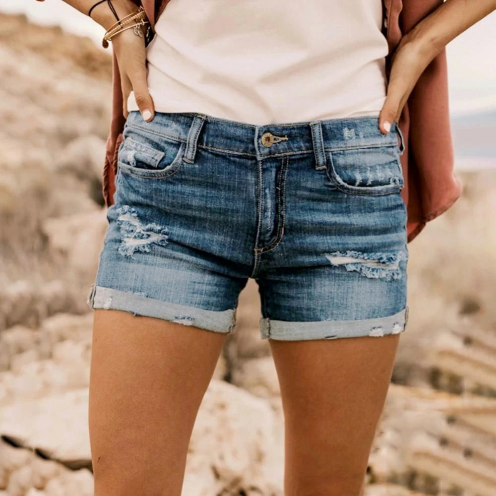 Pantalones cortos Vintage de verano para mujer, vaqueros con botones, rasgados, con bolsillos, ajustados, calientes, 2021|Pantalones - AliExpress